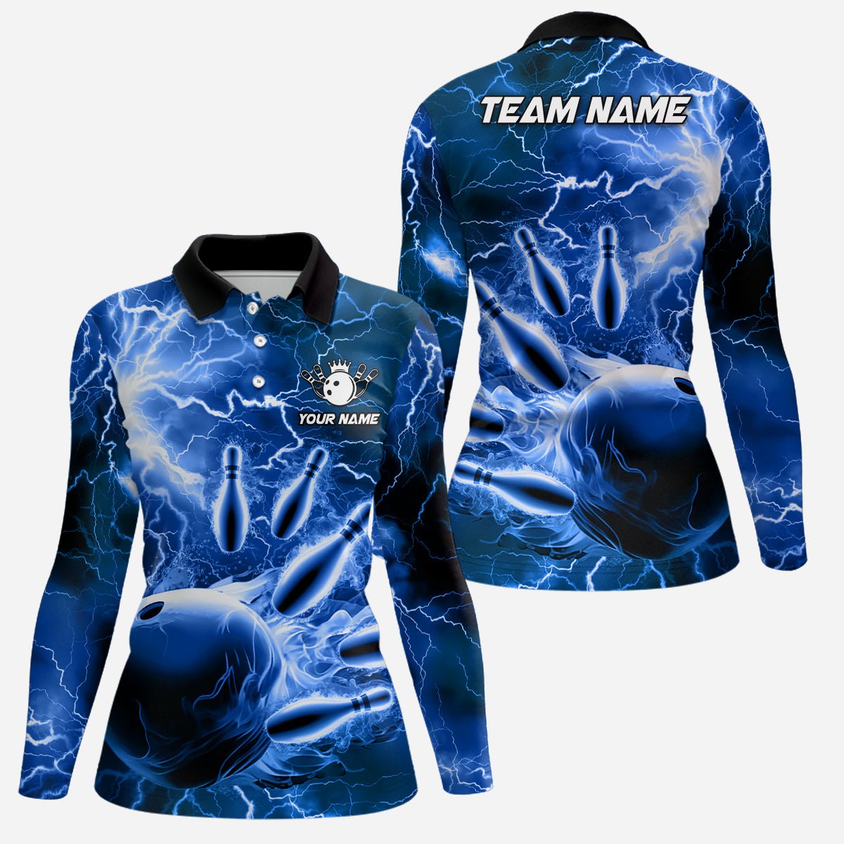 Damen Polo Bowling Shirt - Personalisiertes Blaues Blitz- und Donner-Teamtrikot für Bowling - Geschenk für Bowling-Teamspieler Q6582 - Climcat