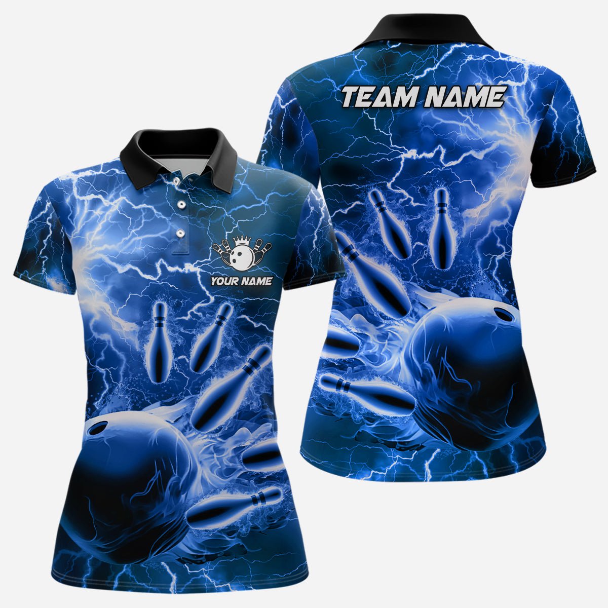 Damen Polo Bowling Shirt - Personalisiertes Blaues Blitz- und Donner-Teamtrikot für Bowling - Geschenk für Bowling-Teamspieler Q6582 - Climcat