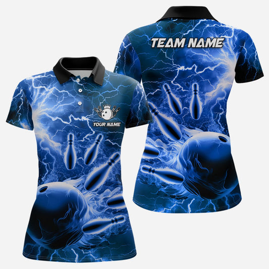 Damen Polo Bowling Shirt - Personalisiertes Blaues Blitz- und Donner-Teamtrikot für Bowling - Geschenk für Bowling-Teamspieler Q6582 - Climcat