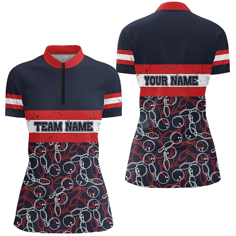 Damen Viertelreißverschluss-Shirt mit individuellem Namen, rot und blau, Vintage Bowling Team Bowlers Trikots Q5274 - Climcat