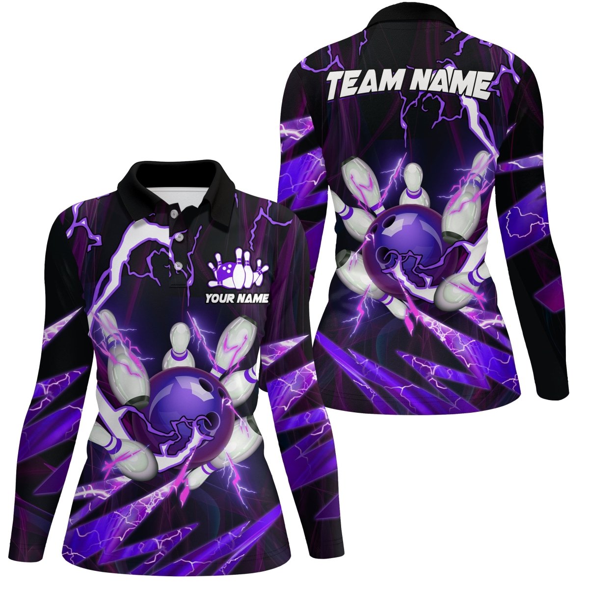 Flammen Blitz Donner Bowlingkugel Pins Trikots | Individuelle Team Bowling Polo Shirts für Damen | Lila Q6550 - Climcat