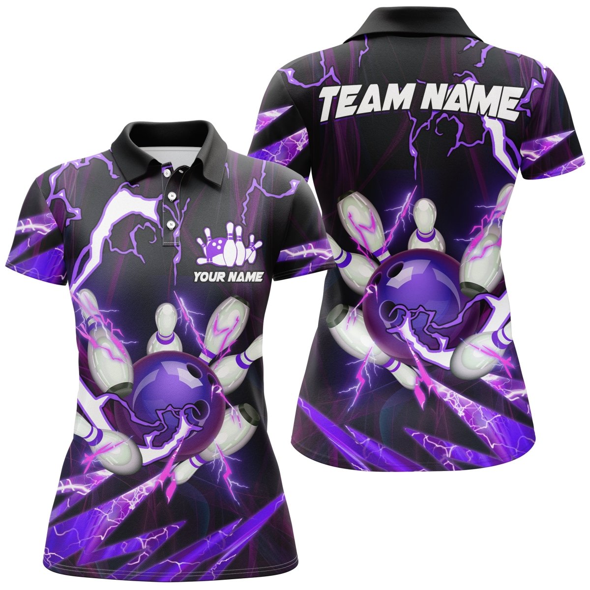 Flammen Blitz Donner Bowlingkugel Pins Trikots | Individuelle Team Bowling Polo Shirts für Damen | Lila Q6550 - Climcat