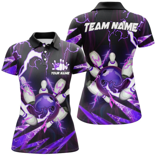 Flammen Blitz Donner Bowlingkugel Pins Trikots | Individuelle Team Bowling Polo Shirts für Damen | Lila Q6550 - Climcat