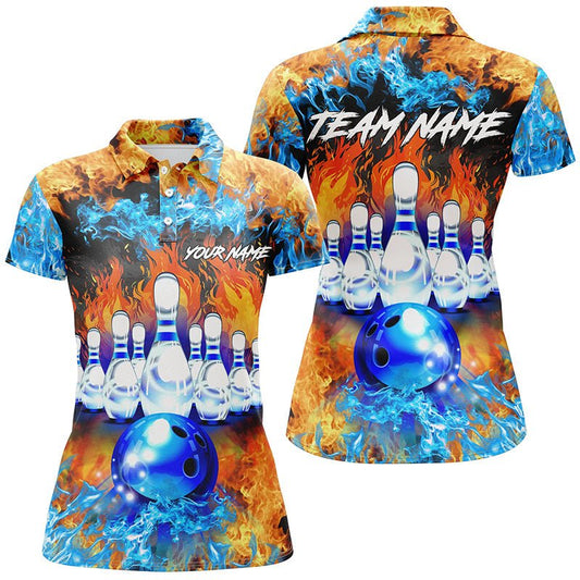 Flammen Bowlingkugel und Pins Bowling Polo Shirts für Damen Individuelle blaue Feuer Bowling Team Liga Trikots Q6738 - Climcat