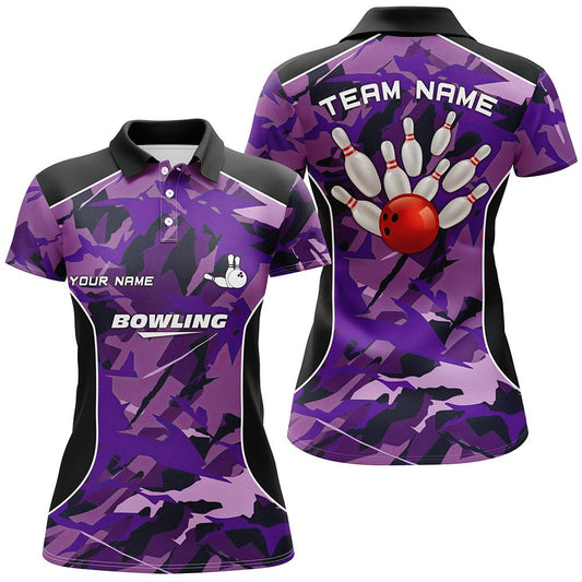Frauen Bowling Polo Shirts - Individuelles Bowlingball und Pins Lila Camo Bowling Team Trikot für Frauen Q6488 - Climcat