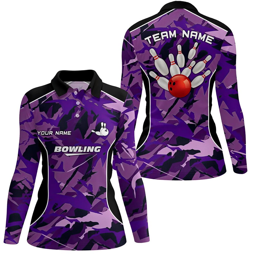 Frauen Bowling Polo Shirts - Individuelles Bowlingball und Pins Lila Camo Bowling Team Trikot für Frauen Q6488 - Climcat