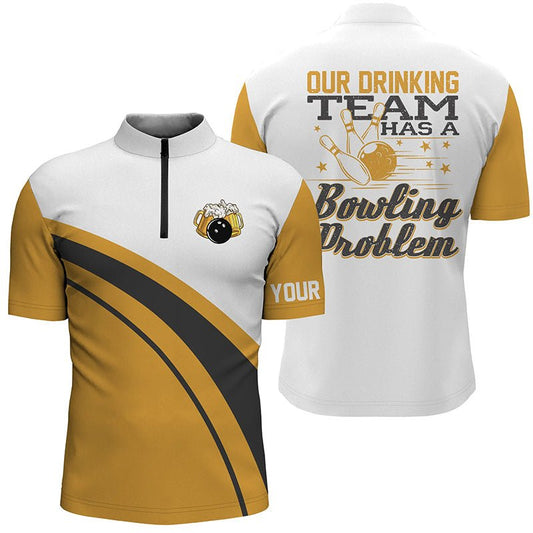Gelbe Retro-Bowling-Bier-Viertelreißverschluss-Shirts für Herren - Individuell gestaltet: Mein Trinkteam hat ein Bowling-Problem (Q6755) - Climcat