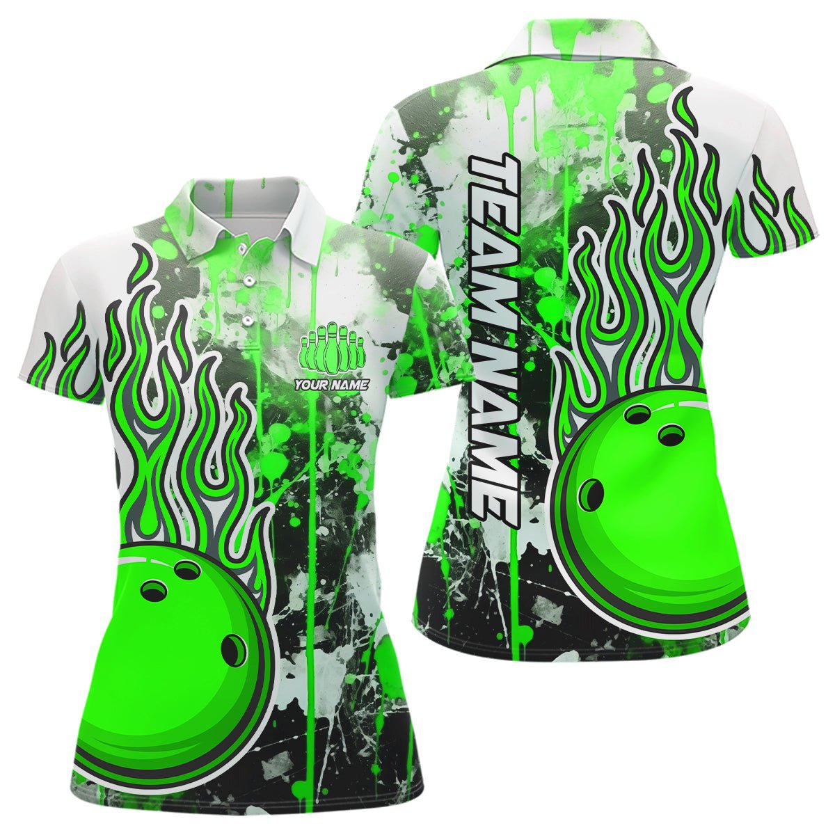 Grüne Camo Flame Bowling Polo Shirts für Damen - Personalisierte Bowling Team Trikots für Bowling Liga P5420 - Climcat
