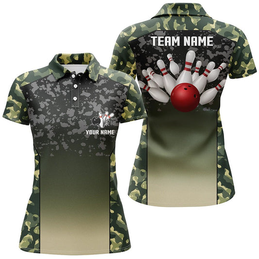 Grüne Tarnmuster Bowling-Polo-Shirts für Damen - Personalisierte Team-Shirts und Bowling-Trikots - Geschenke für Bowlerinnen Q6939 - Climcat