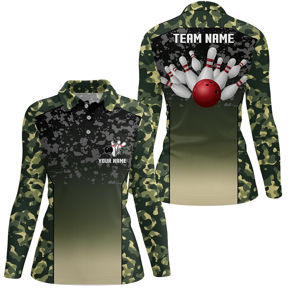 Grüne Tarnmuster Bowling-Polo-Shirts für Damen - Personalisierte Team-Shirts und Bowling-Trikots - Geschenke für Bowlerinnen Q6939 - Climcat