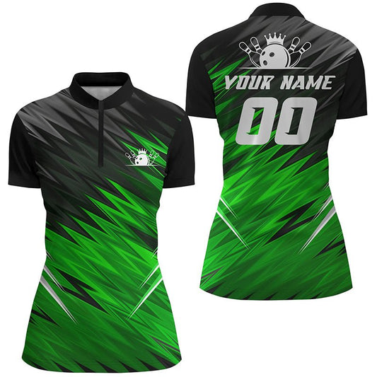 Grüne und schwarze Damen-Quarter-Zip-Shirts, individuell gestaltete Bowling-Shirts für Frauen, Team-Bowlingtrikots Q6476 - Climcat