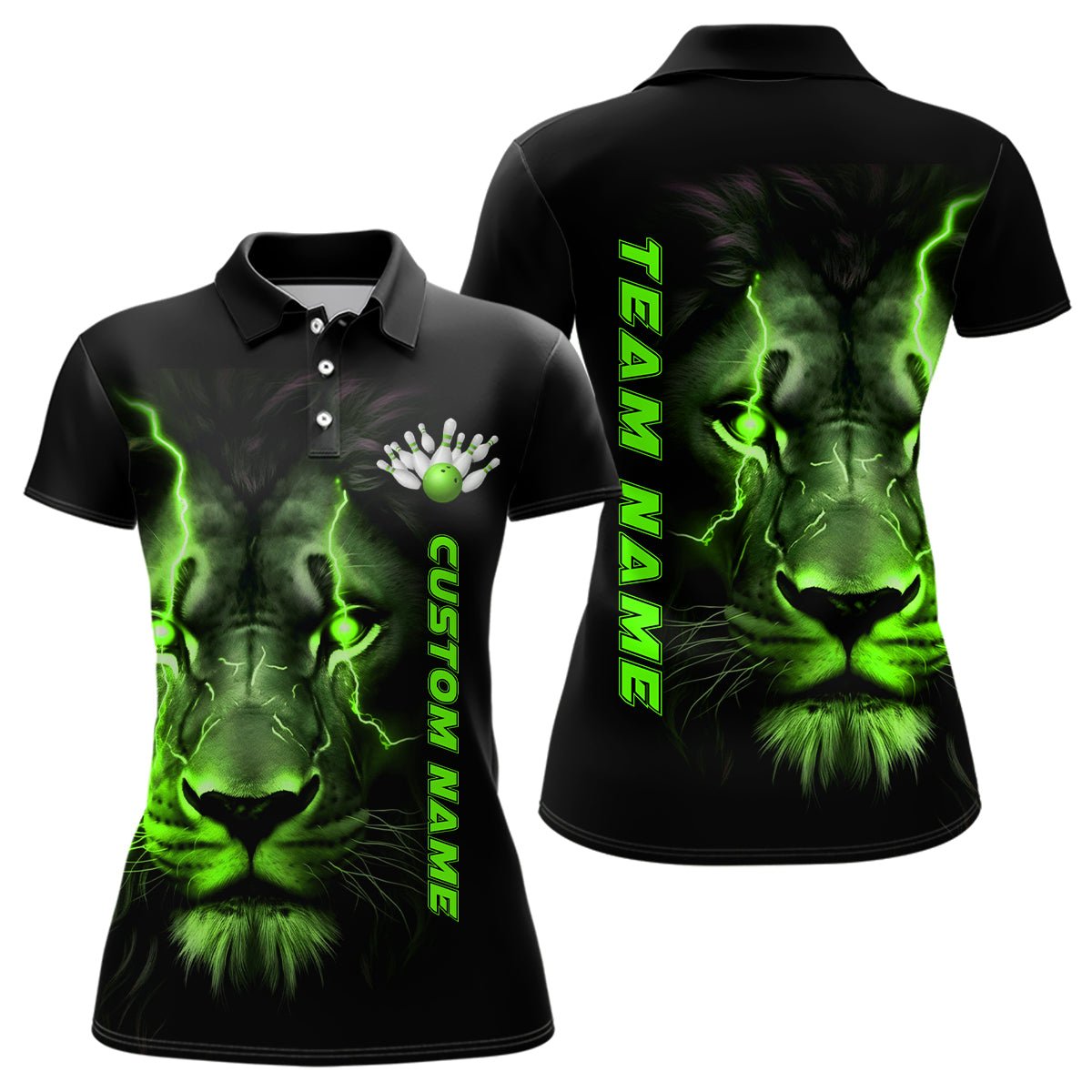 Grüner Löwe - Personalisierte Damen Bowling Polo Shirts für Bowling Liga - Frauen Bowling Trikots P5358 - Climcat