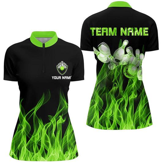 Grünes Flammen Bowling Quarter-Zip Shirt für Damen - Schwarze Bowling Trikots - Personalisierte Bowling Team Shirts Q6034 - Climcat