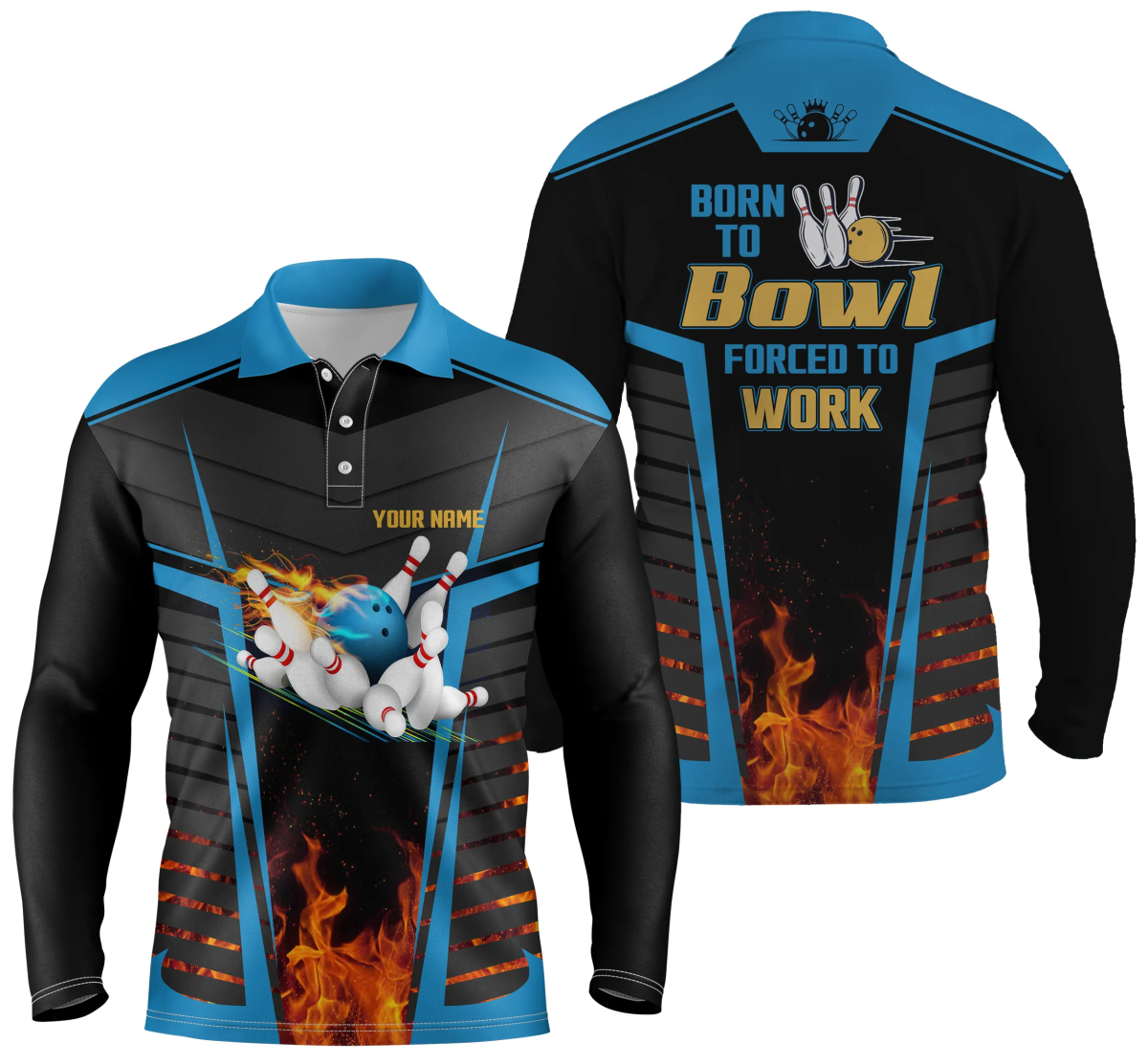 Herren Bowling Polo Shirt mit individuellem Namen "Born to Bowl, Forced to Work", Flammen Bowlers Jersey | Blau Q4848 - Climcat