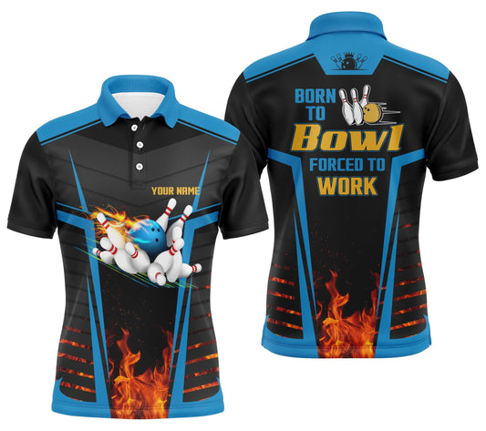 Herren Bowling Polo Shirt mit individuellem Namen "Born to Bowl, Forced to Work", Flammen Bowlers Jersey | Blau Q4848 - Climcat