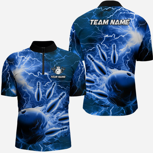 Herren Bowling-Quarter-Zip-Shirts, individuell gestaltet mit blauem Blitz und Donner, Bowling-Teamtrikot, Geschenk für Bowler Q6582 - Climcat