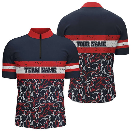 Herren Bowling Quarter Zip Shirts mit individuellem Namen in Rot und Blau - Vintage Bowling Team Bowlers Jerseys Q5274 - Climcat