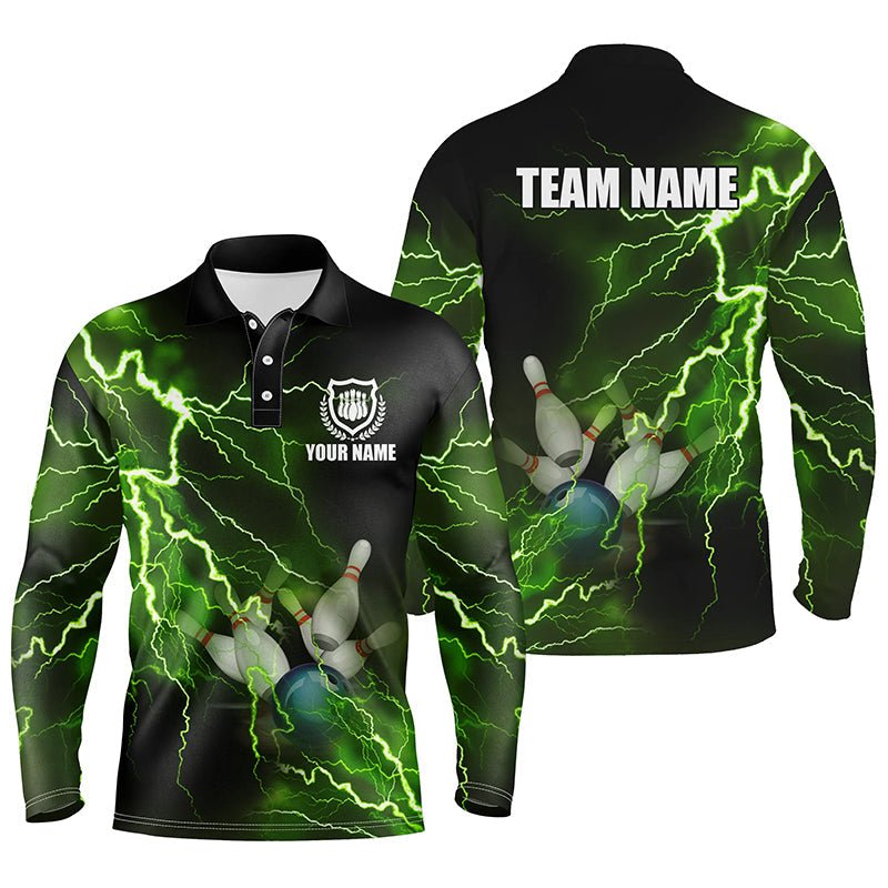 Herren Polo Bowling Shirt - Individuell gestaltetes grünes Blitz- und Donner-Bowling-Teamtrikot, Geschenk für Bowling-Teams Q6146 - Climcat