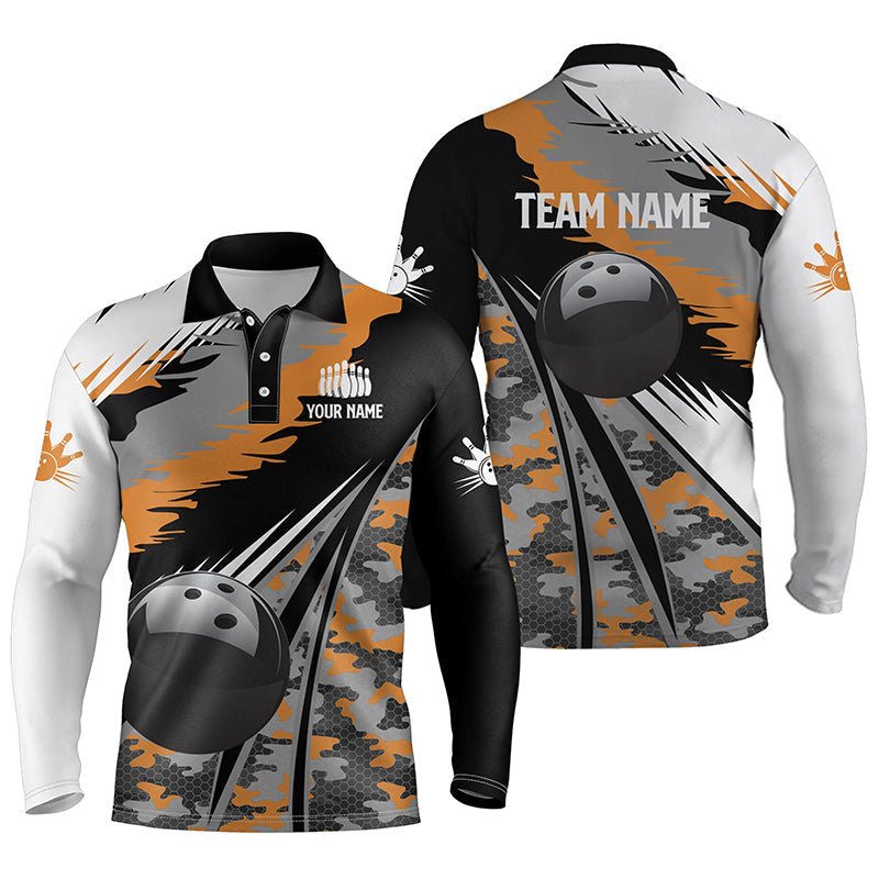 Herren Polo Bowling Shirt - Individuell gestaltetes schwarzes Bowling Team Trikot mit orangem Camouflage Muster - Perfektes Geschenk für Bowler Q5423 - Climcat