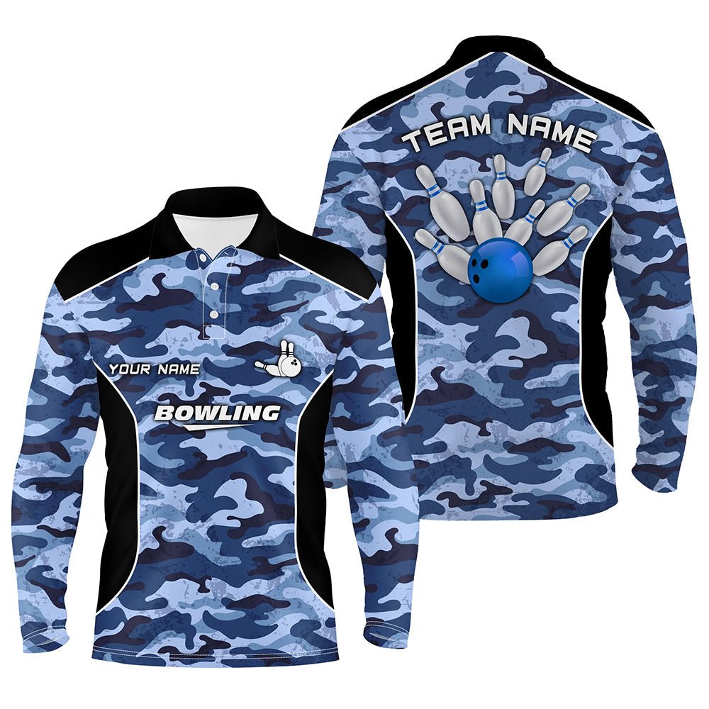 Herren Polo Bowling Shirt - Individuelles Bowlingball und Pins Blau Camo Bowling Team Trikot für Männer Q6361 - Climcat
