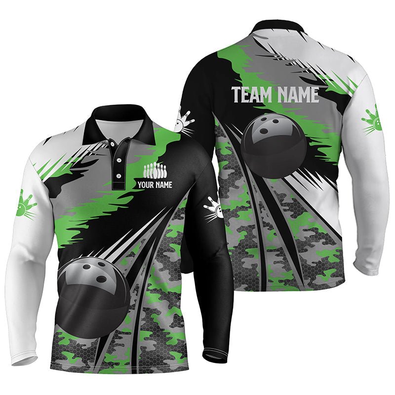 Herren Polo Bowling Shirt - Personalisiertes Schwarzes Ball Grün Camo Bowling Team Trikot, Geschenk für Bowler Q5422 - Climcat