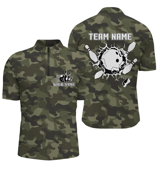 Individuell anpassbare Herren Bowling 1/4 Zip Shirts mit grünem Tarnmuster, Bowlingkugel und Pins, Bowling-Team-Trikot NQS5261 - Climcat