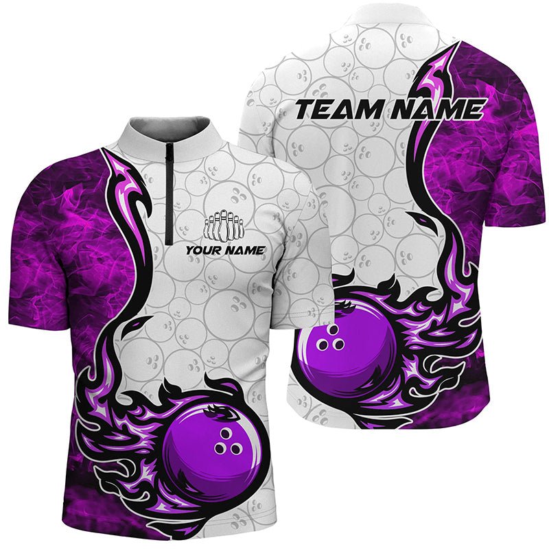 Schwarzes und weißes Bowling-Quarter-Zip-Shirt für Herren - Individuelles Flammen-Bowlingkugel-Streik-Team-Liga-Trikot Q6717 main image 0