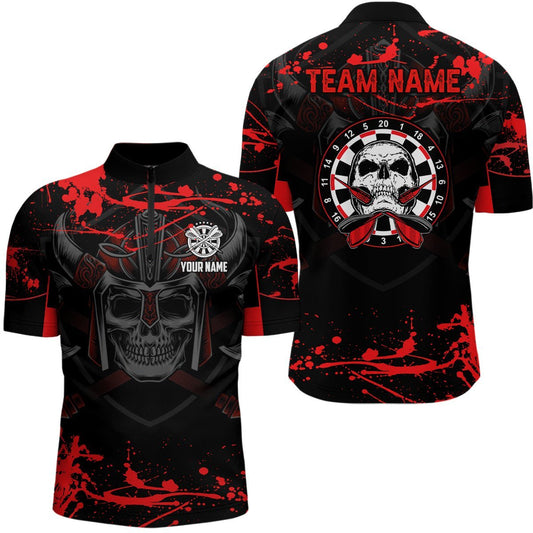 Individuelles rotes Dart-Shirt mit Krieger-Schädel, 1/4 Zip Dart-Trikot für Herren, gruseliges Dart-Trikot G148 - Climcat