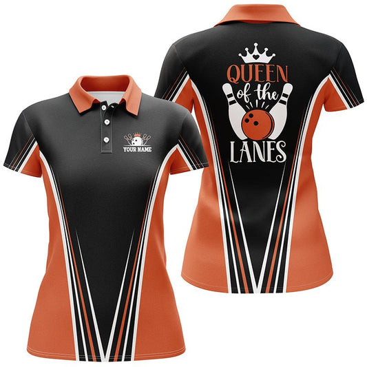Königin der Bahnen Kurzarm-Polo-Bowlinghemden für Frauen, Personalisiertes Geschenk für Mädchen-Bowler | Orange Q4648 - Climcat