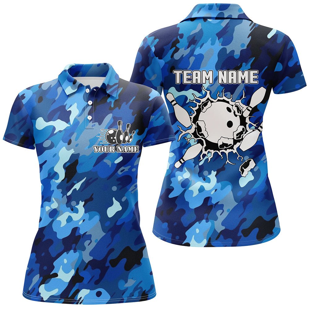 Kurzarm Bowling Polo Shirts für Damen | Personalisiertes Bowlingball und Pins | Blau Camo Bowling Team Trikot Q6285 - Climcat