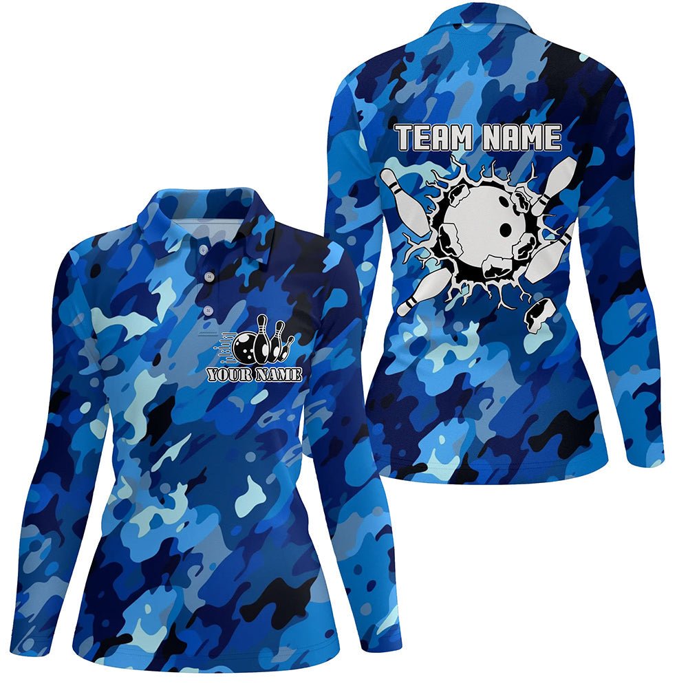 Kurzarm Bowling Polo Shirts für Damen | Personalisiertes Bowlingball und Pins | Blau Camo Bowling Team Trikot Q6285 - Climcat