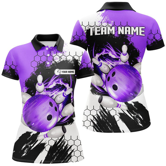Lila Flammen Bowlingkugel und Pins Trikots Individuelle Team Liga Bowling Polo Shirts für Frauen Q6578 - Climcat
