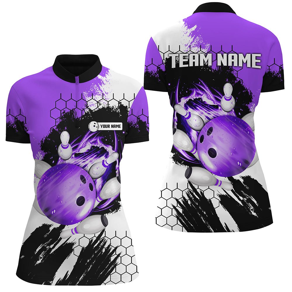 Lila Flammen Bowlingkugel und Pins Trikots Individuelle Team Liga Bowling Viertel Reißverschluss Shirts für Frauen Q6578 - Climcat
