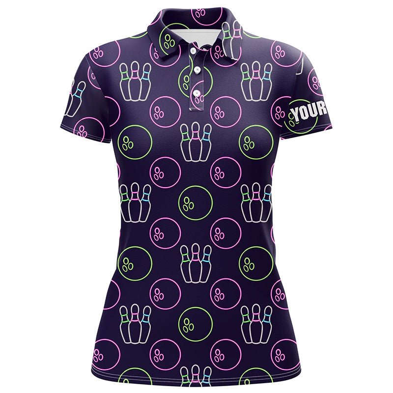 Lila Neon Bowling nahtloses Muster Personalisiertes Damen Bowling Polo Shirt, Bowling Team Liga Trikots Q6762 - Climcat