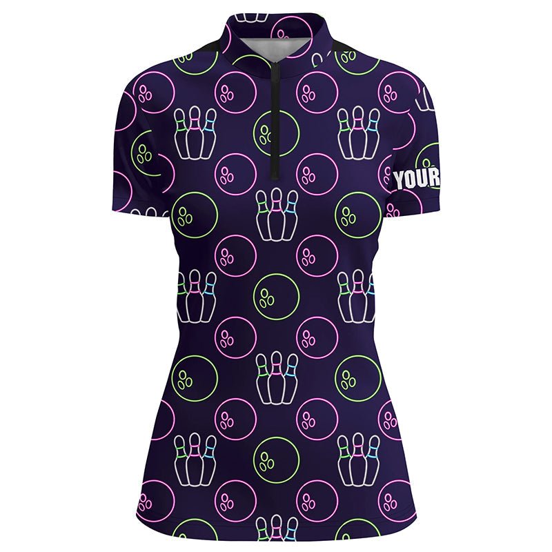 Lila Neon Bowling nahtloses Muster | Personalisiertes Damen Bowling Quarter Zip Shirt | Bowling Team Liga Trikot Q6762 - Climcat