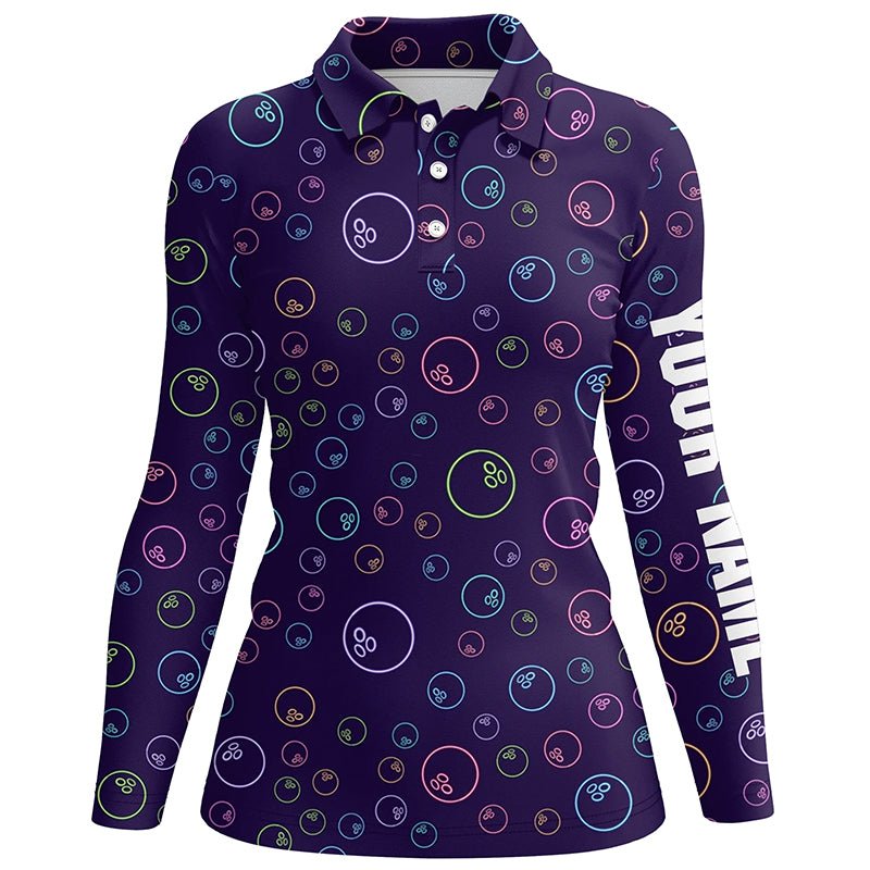 Lila Neon Bowlingkugel leuchtendes Muster Personalisiertes Damen-Bowling-Poloshirt, Bowling-Team-Liga-Trikots Q6764 - Climcat