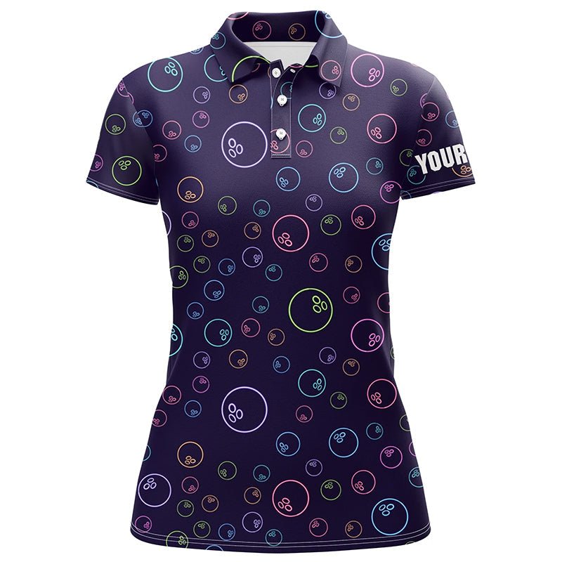Lila Neon Bowlingkugel leuchtendes Muster Personalisiertes Damen-Bowling-Poloshirt, Bowling-Team-Liga-Trikots Q6764 - Climcat