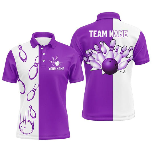 Lila und weiße Retro-Vintage-Bowling-Polo-Shirts für Herren - Individuelle Bowling-Teamtrikots Q6656 - Climcat