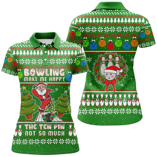 Lustige hässliche Weihnachtsmann Bowler Damen Polo-Shirts, Bowling macht mich glücklich, der Zehn-Pin nicht so sehr Q6836 - Climcat