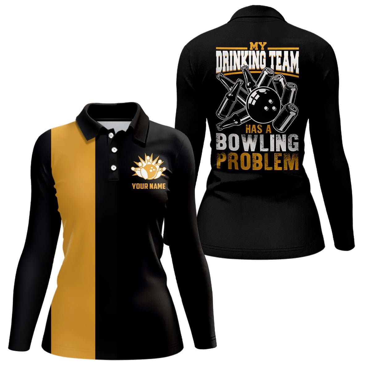 Lustiges schwarzes gelbes Retro-Bowling-Polo-Shirt für Frauen - Individuell gestaltet: Mein Trinkteam hat ein Bowling-Problem - Q6694 - Climcat
