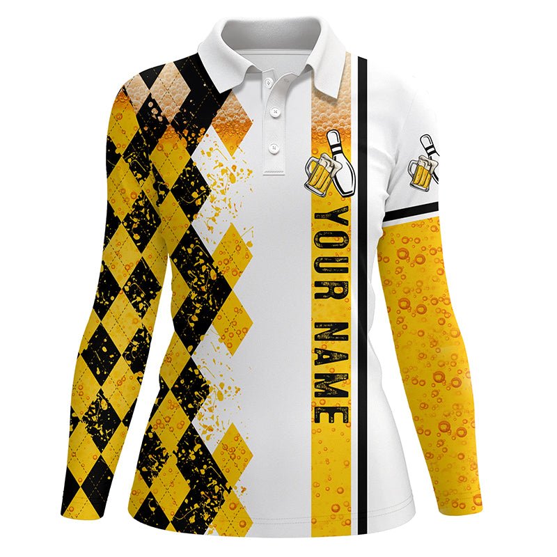 Lustiges schwarzes und gelbes Argyle-Bowling-Bier-Poloshirt für Frauen - Individuelle Bowling-Trikots für Damen Q6950 - Climcat