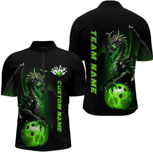 Maßgeschneiderte Herren Bowling Quarter Zip Shirts - Grüner Drache Bowling Team Trikots - Bowling Liga Shirts P5350 - Climcat