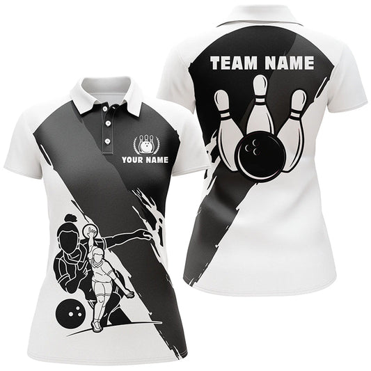 Personalisierte 3D Bowling Shirts für Damen | Individuell gestaltbare Schwarz-Weiß Kurzarm Polo Bowling Shirts für Mädchen | Q5302 - Climcat