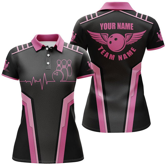 Personalisierte 3D-Bowling-Shirts für Damen, individuelles pinkes Kurzarm-Polo-Bowling-Herzschlag-Shirt Q4556 - Climcat