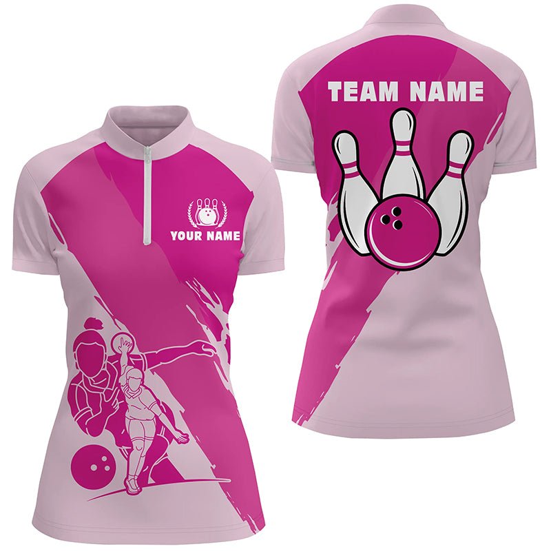Personalisierte 3D-Bowling-Shirts für Damen, Individuelles pinkes Kurzarm-Quarter-Zip-Bowling-Shirt für Mädchen Q4691 - Climcat