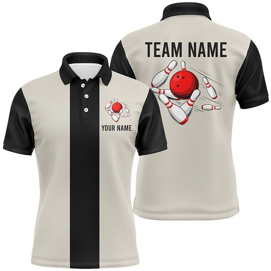 Personalisierte Beige und Schwarze Retro Bowling Polo Shirts für Herren - Individuelle Vintage Bowling Team Trikots Q7000 - Climcat