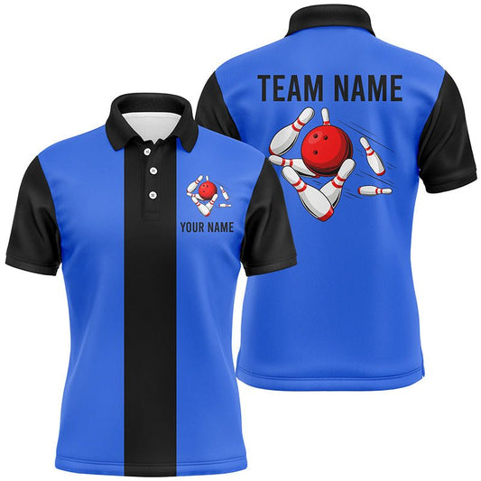 Personalisierte Blau Schwarze Retro Bowling Polo Shirts für Herren - Individuelle Vintage Bowling Team Trikots Q6802 - Climcat