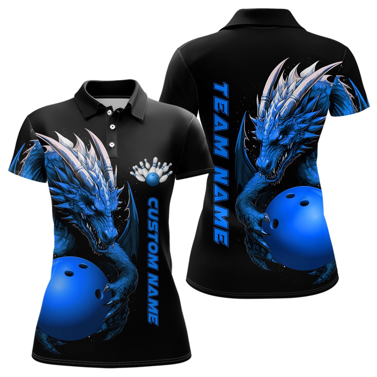 Personalisierte Blaue Drachen Damen Bowling Polo Shirts Team Bowling Trikots Bowling Bekleidung für Bowler P5294 - Climcat