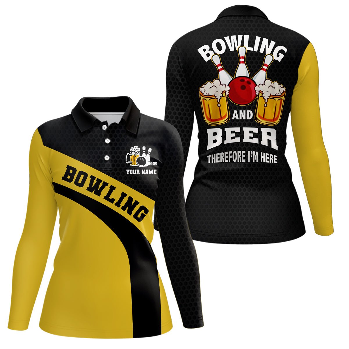 Personalisierte Bowling-Polo-Shirt für Damen in Schwarz und Gelb mit Bowling- und Biermotiv - Q6566 - Climcat