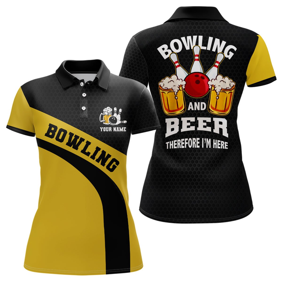 Personalisierte Bowling-Polo-Shirt für Damen in Schwarz und Gelb mit Bowling- und Biermotiv - Q6566 - Climcat